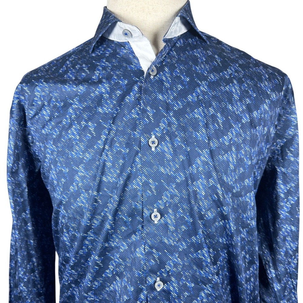 Maceoo Blue Digital Pixel Print Long Sleeve Men Button Down Shirt Italian Fabric